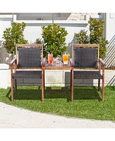 Gouun 2-Seat Patio Rattan Acacia Wood Chair with Table
