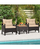 Gouun Patio Wicker Loveseat Sofa with Multipurpose Ottoman and Retractable Side Tray