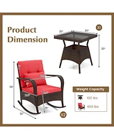 Gouun 3 Pieces Outdoor Rocking Set with Tempered Glass Table for Backyard Poolside