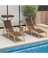 Gouun Birch Wood Chaise Lounge Chair Foldable Beach with Adjustable Canopy
