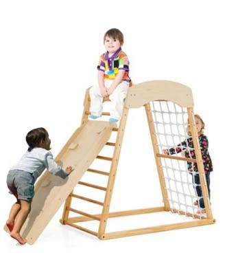 Gouun 6-in-1 Jungle Gym Wooden Indoor Playground with Double-Sided Ramp Monkey Bars