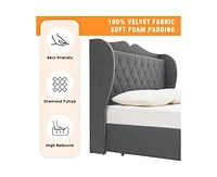 gaomon Queen Size Bed Frame with Charging Station and 4 Storage Drawers Upholstered Tall Tufted Headboard and Storage Shelf