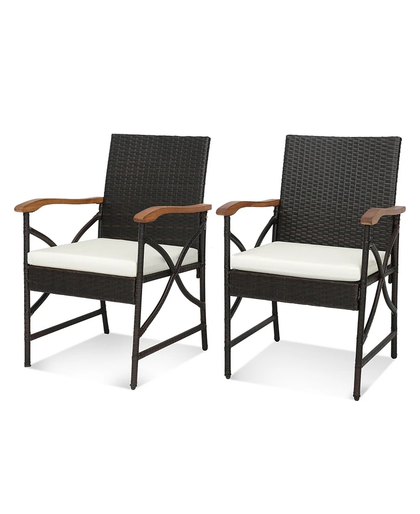 Gymax Set of 2 Pe Wicker Dining Chairs w/ Soft Zippered Cushions Armchairs Patio