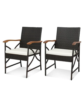 Gymax Set of 2 Pe Wicker Dining Chairs w/ Soft Zippered Cushions Armchairs Patio