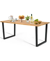 Gouun Acacia Wood Table and 6 Wicker Chairs with Umbrella Hole-x-side Handrail