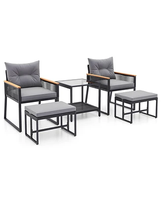 Gouun 5-Piece Outdoor Rattan Conversation Set with Cushions, Ottomans, and 2-Tier Side Table