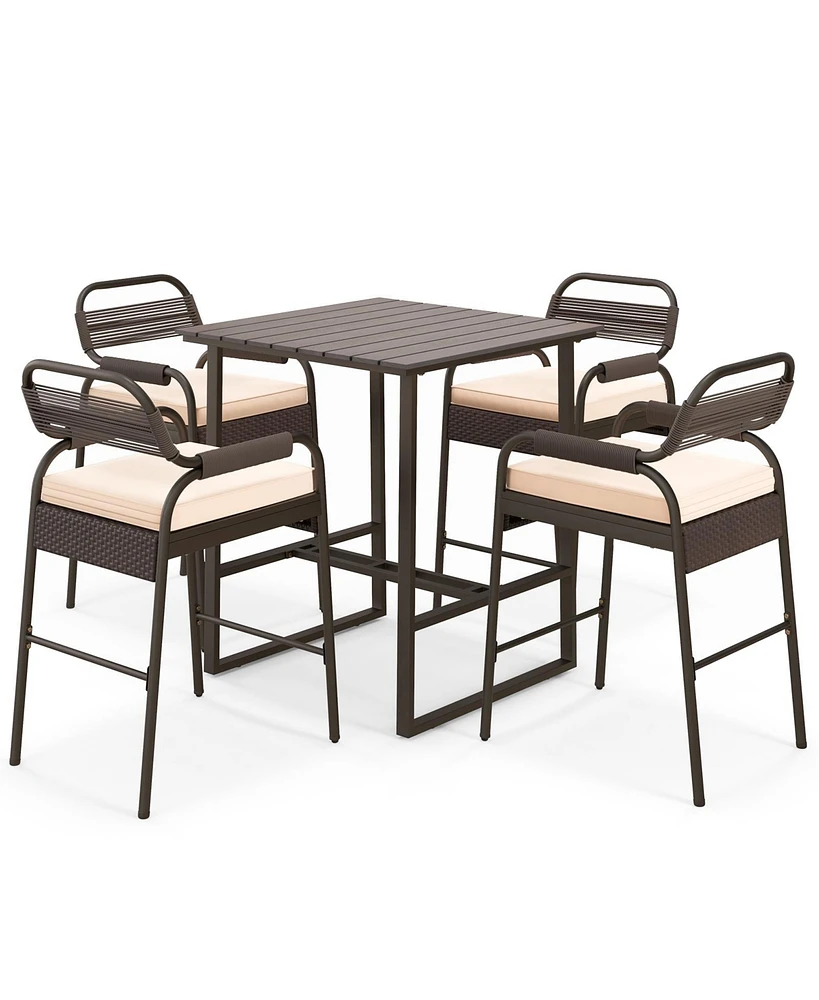 Gouun 5 Piece Rattan Counter Set with 4 Stools and Polywood Bar Table