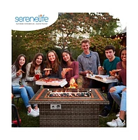 SereneLife 50,000 Btu Rectangle Wicker Propane Gas Fire Pit Table with Tile Top and Glass Wind Guard