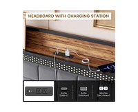 gaomon King Bed Frame with Charging Station, Led Bed Frame with Storage Headboard, Upholstered Platform Bed Frame King Size, No Box Spring Needed