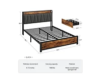 gaomon Queen Size Bed Frame with Upholstered Storage Charging Headboard, Heavy Duty Metal Platform Bed Frame with 4 Storage Drawers, Noise Free