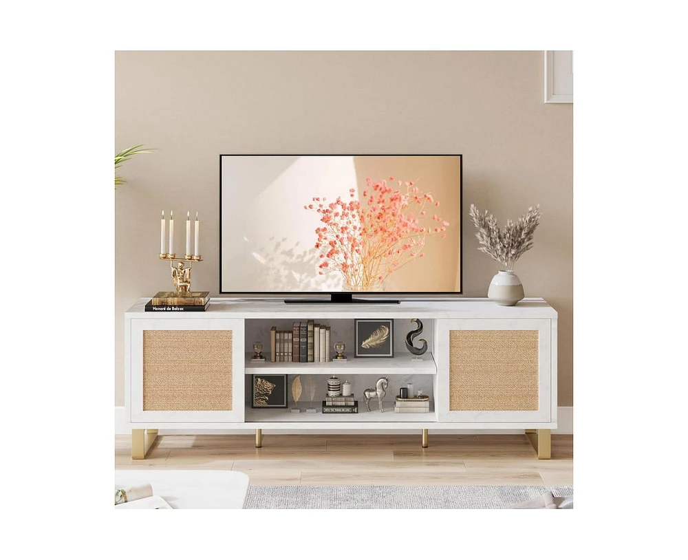 gaomon Rattan Tv Stand for 65 inch, Modern Entertainment Center with Marble Color Design, Tv Console Table with Storage, Doors and Shelves