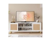 gaomon Rattan Tv Stand for 65 inch, Modern Entertainment Center with Marble Color Design, Tv Console Table with Storage, Doors and Shelves