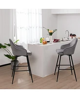 Gymax Set of Velvet Bar Stools Swivel Pub Height Dining Chairs w/ Metal Legs Gray
