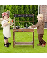 Gymax Kids Mud Kitchen Play Kitchen w/ Blackboard Stoves Removable Sink Natural