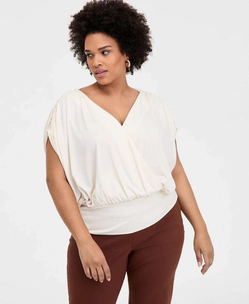 I.n.c. International Concepts Plus Ruched Surplice-Neck Top, Exclusively at Macy's