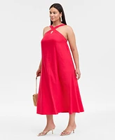 INC Plus Linen-Blend Printed Halter Maxi Dress, Exclusively at Macy's