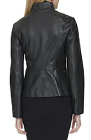 Cole Haan Women's 20 1/2” Moulded Collar Asymmetric Leather Jacket