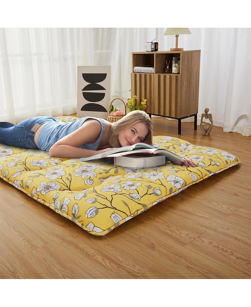 gaomon Japanese Floor Mattress, Full Size Futon Mattress, Thick Tatami Roll-Up Mattress for Camping & Guest Room, Yellow Flower Design