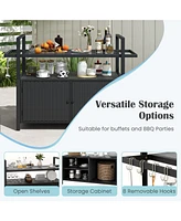 Gouun Outdoor Bar Cart Rolling Wicker Buffet Serving Cart with Tempered Glass Top Storage Cabinet and 8 Hooks