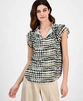 Anne Klein Women's Abstract-Print Split-Neck Flutter-Sleeve Top
