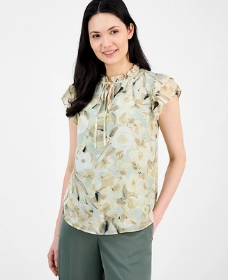 Anne Klein Women's Floral-Print Split-Neck Flutter-Sleeve Top