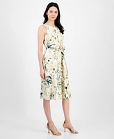 Anne Klein Women's Floral-Print Tie-Waist Sleeveless Dress