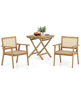 Gymax 2PCS Wood Chair Teak Wood Armchair w/ Rattan Seat & Curved Backrest Dining Chair Patio