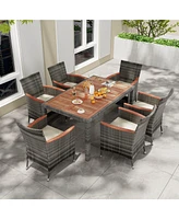 Gouun 7 Pieces Patio Acacia Wood Cushioned Pe Rattan Wicker Dining Set