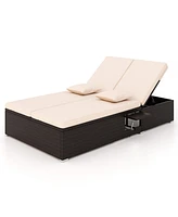 Gouun Patio Double Chaise Lounge with Cushions and Folding Side Trays