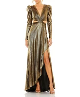 Mac Duggal Women's Princess Sleeve Cut Out Metallic Gown