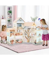 Gymax Wooden Corner Dollhouse Playset w/ 41 Pieces of Furniture and Accessories