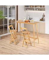 Gymax Set of 2 Bamboo Folding Barstools Counter Height Dining Chairs Installation Free