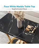 Tribesigns Rectangle Coffee Table, 47.24-inch Modern Tables for Living Room, 2-Tier Faux Marble Wood Table with Geometric Metal Legs,Bla