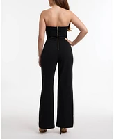 Bebe Women's Ring Detail Wide Leg Knit Crepe with Satin Combo Jumpsuit