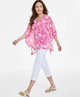 Jm Collection Women's Printed Lace-Up Poncho Top, Exclusively at Macy's