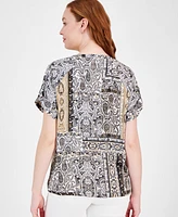 Jm Collection Women's Printed Satin Short-Sleeve Top, Exclusively at Macy's