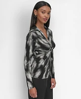 Dkny Petite Twist-Front Collared Abstract-Print Top