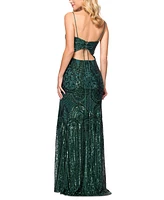 Blondie Nites Juniors' Sequined Cutout Lace-Up-Back Gown