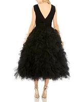 Mac Duggal Women's Ruffled Cap Sleeve V-Neck A Line Tulle Dress