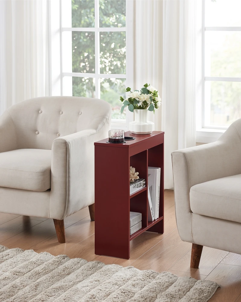 Kings Brand Furniture Side End Table with Drink Holders, Storage Shelves, Magazine Holder, Narrow Slim Chair Couch Table, Nightstand, Bedside fo