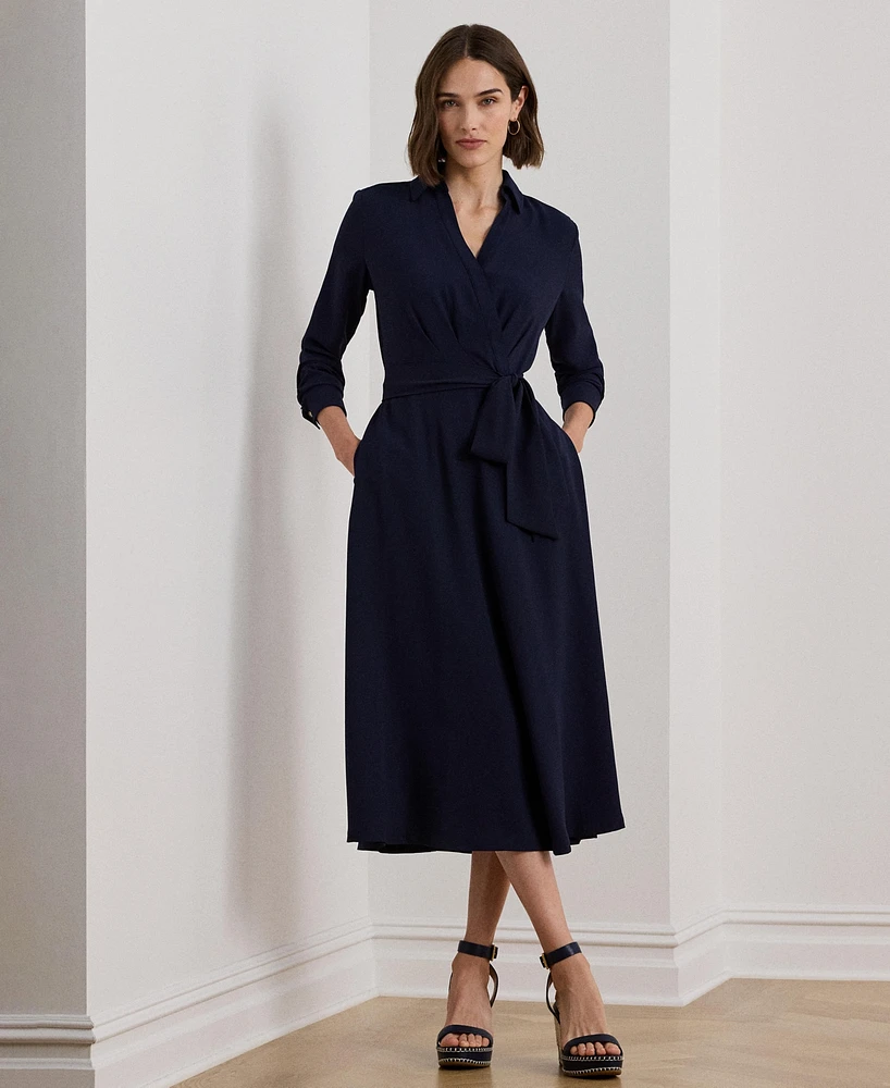 Lauren Ralph Women's Self-Belt Long-Sleeve Surplice Georgette Midi Dress