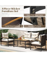 Gouun 4 Pieces Patio Conversation Set with Acacia Wood Armrests and Tabletop and Cushions