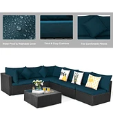 Gouun 7 Pieces Sectional Wicker Furniture Sofa Set with Tempered Glass Top-Peacock