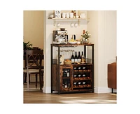 gaomon 3-Tier Wine Bar Cabinet with Led Lights, Detachable Wine Rack and Storage Space, Buffet Cabinet with Glass Holder and Mesh Door, for Kitchen