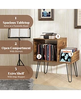 Gouun Mid-century Record Player Stand with Power Outlet and Vinyl Divider