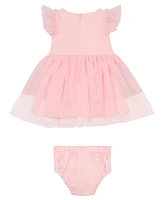 Guess Baby Girl Short Sleeve Dress with Mesh Frill Sleeves and Diaper Cover, 2-Piece Set