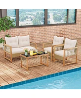 Gouun 4 Pieces Outdoor Patio Pe Wicker Conversation Bistro Set with Acacia Wood Frame