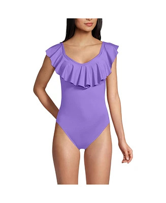 Lands' End Women's Ruffle V-neck High Leg One Piece Swimsuit