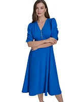 Halston Women's V-Neck Shirred-Sleeve Flared Dress