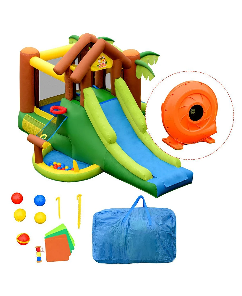 Gymax Inflatable Bounce House Jungle Jumping Bouncer Double Slides Park w/ Blower